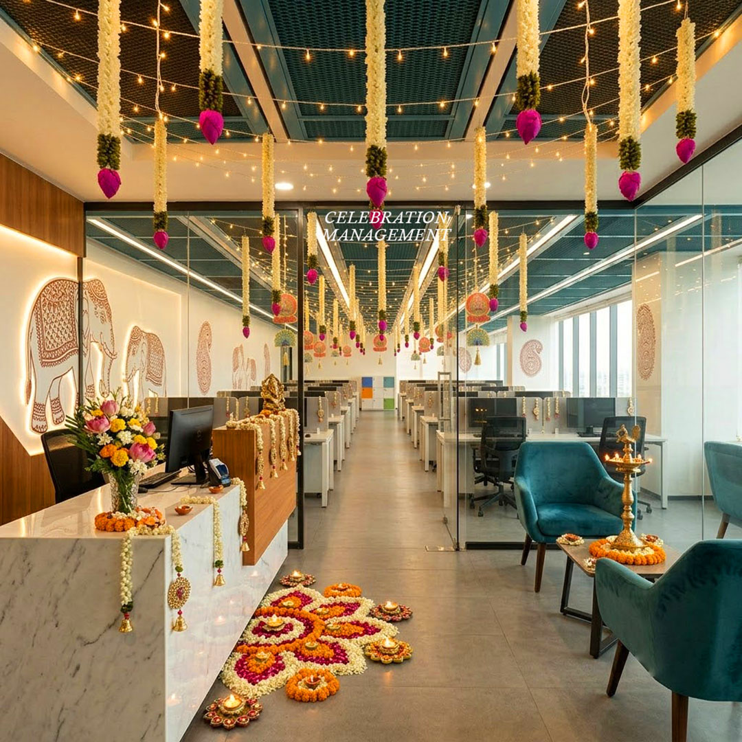 Traditional Diwali Office Decoration with Floral Hangings